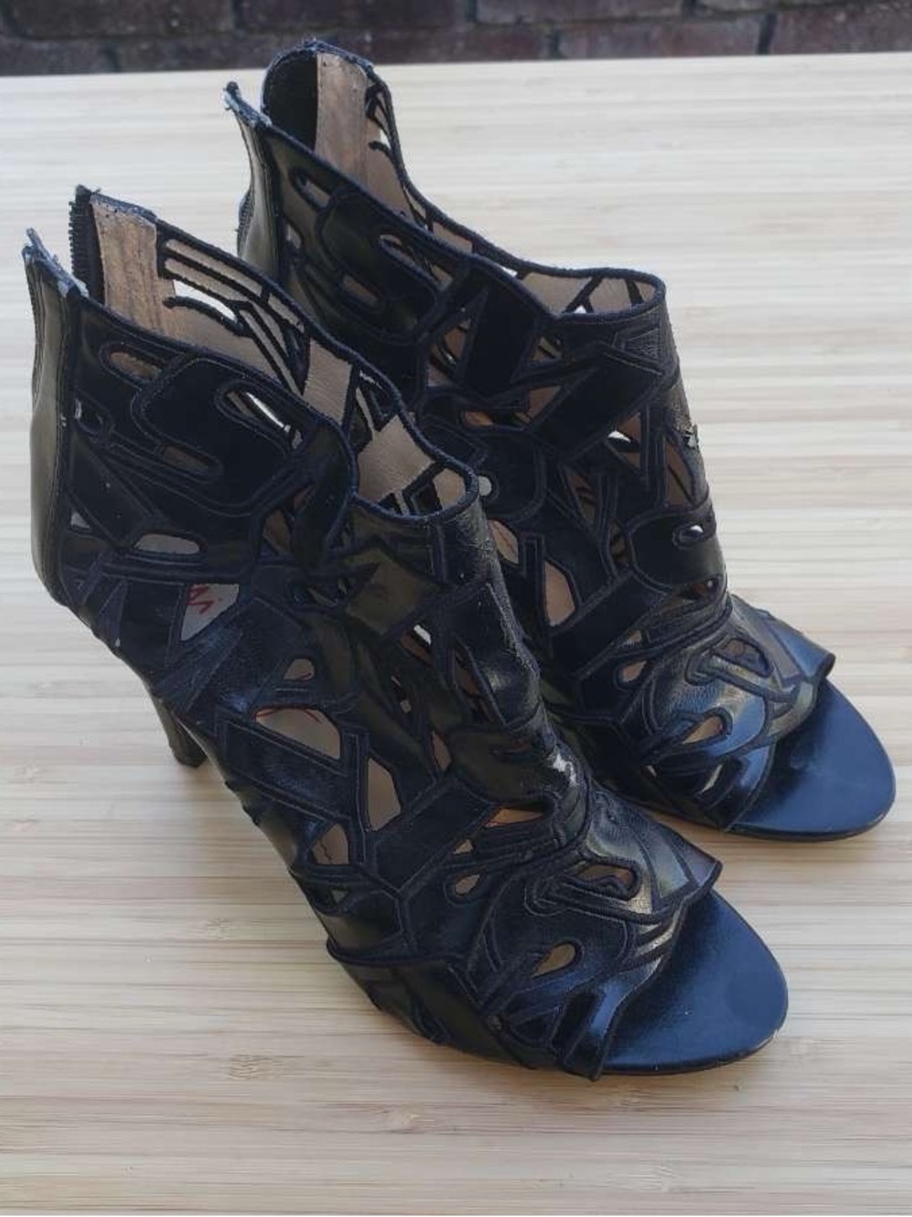 Enzo Angiolini Black Laser-Cut Peep-Toe Heels